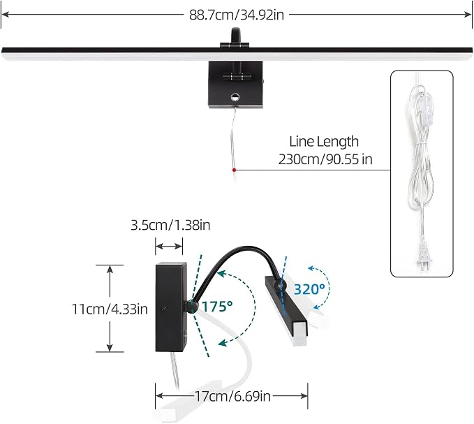 MantoLite 35'' Picture Lights for Wall,Vanity Lights for Bathroom,Plug-in or Hardwired, 6000K 16W LED Dimmable Modern Bathroom Lighting Fixtures Over Mirror and Wall Lights for Bedroom
