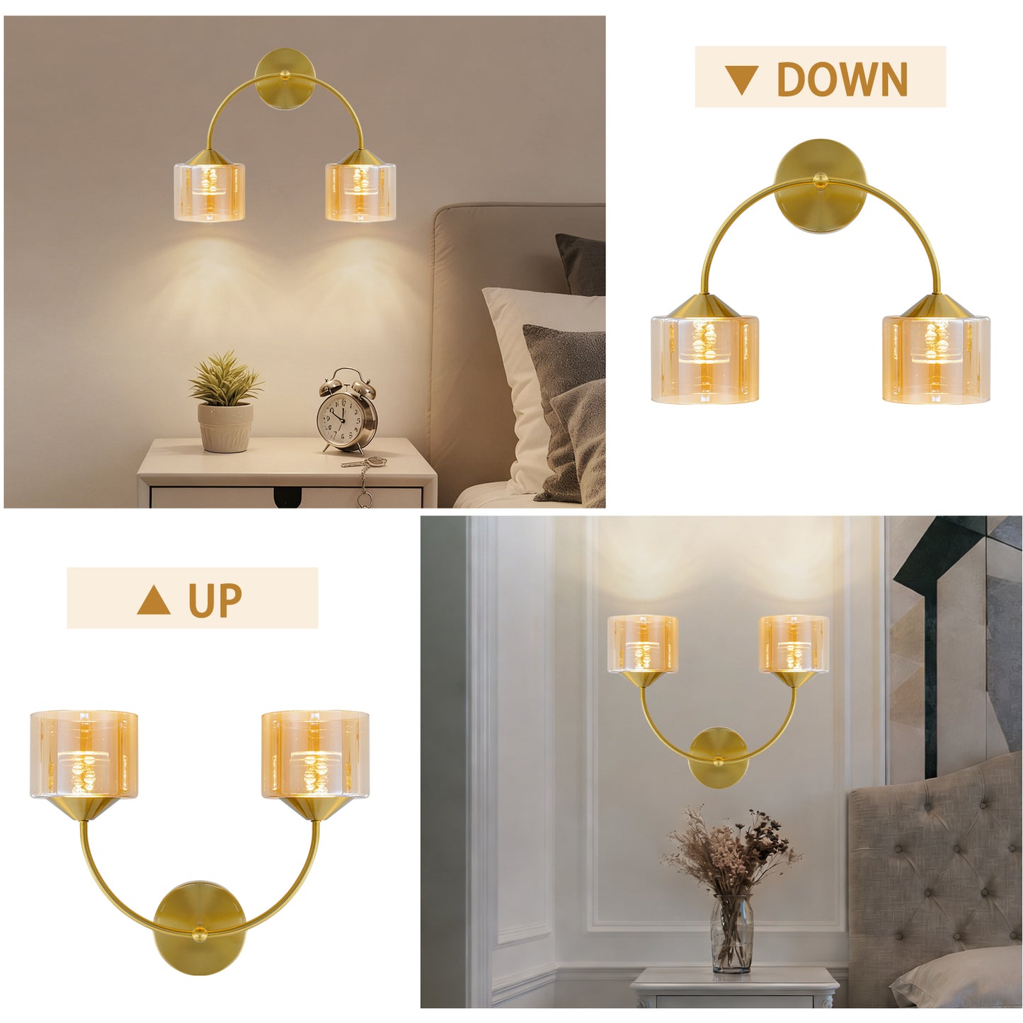 MantoLite Modern Mode Wall Light, Indoor LED 2-Lamp Wall Light, 3 Color Temperature Adjustable, Suitable for Bathroom, Bedroom, Living Room, Hallway, Kitchen (Copper, 40cm)