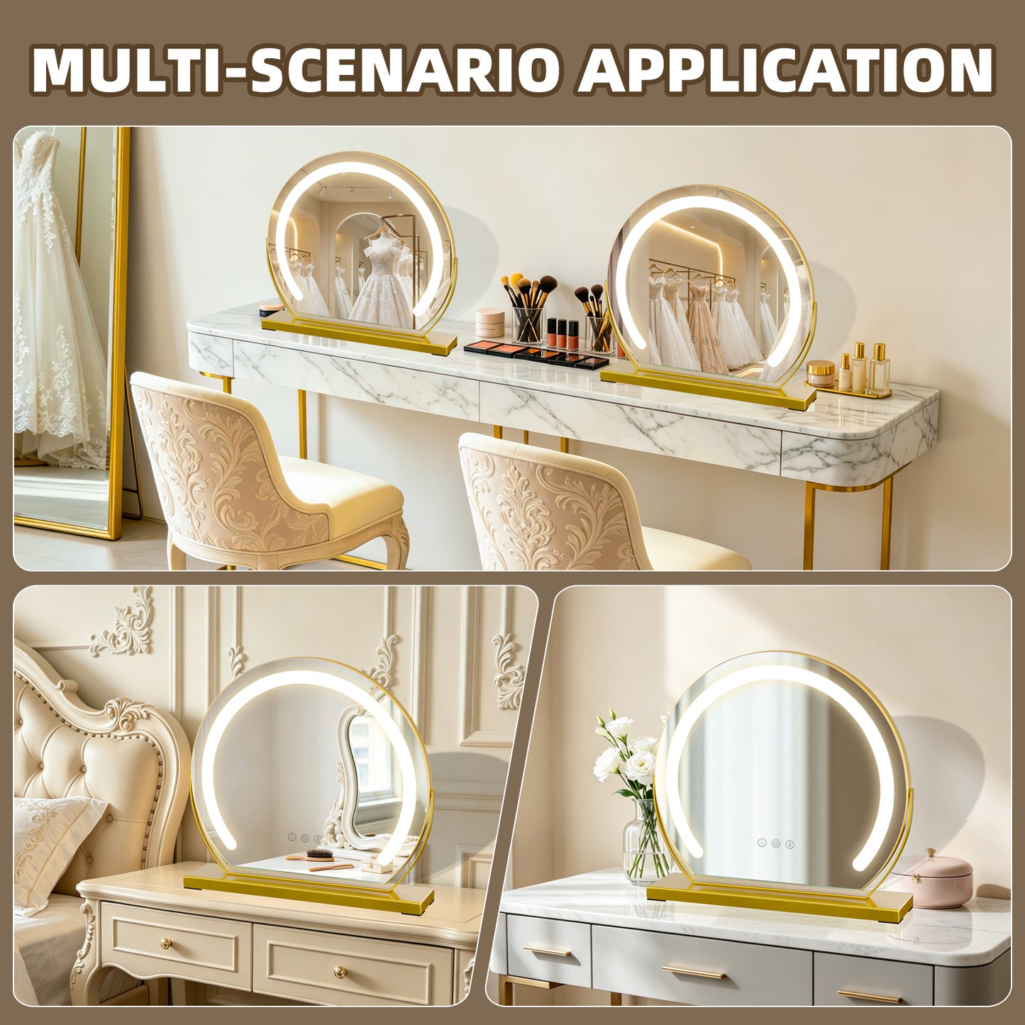 MantoLite LED Makeup Mirror features three-color light, adjustable brightness, smart touch switch, and 360-degree rotation.