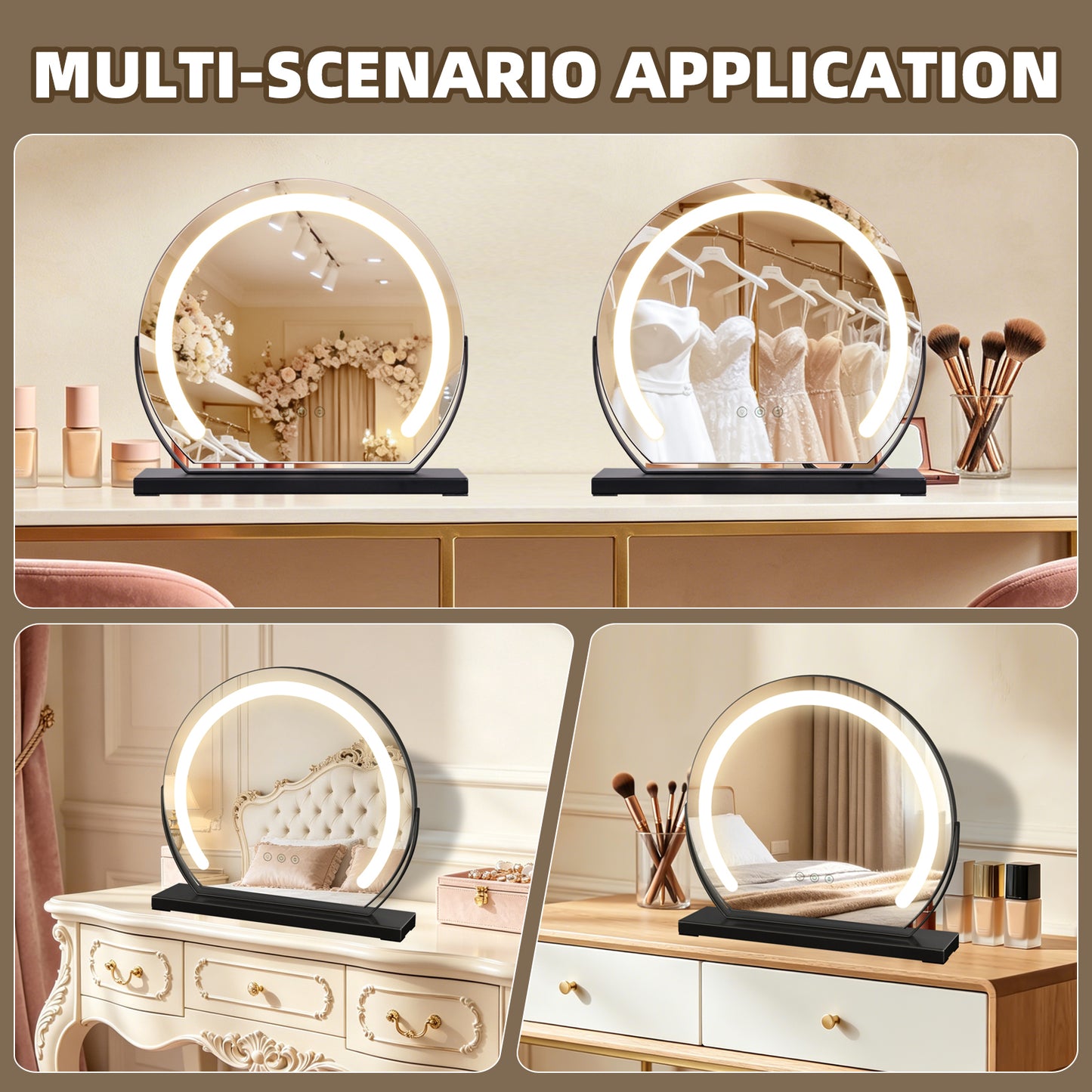 MantoLite LED Makeup Mirror features three-color light, adjustable brightness, smart touch switch, and 360-degree rotation.