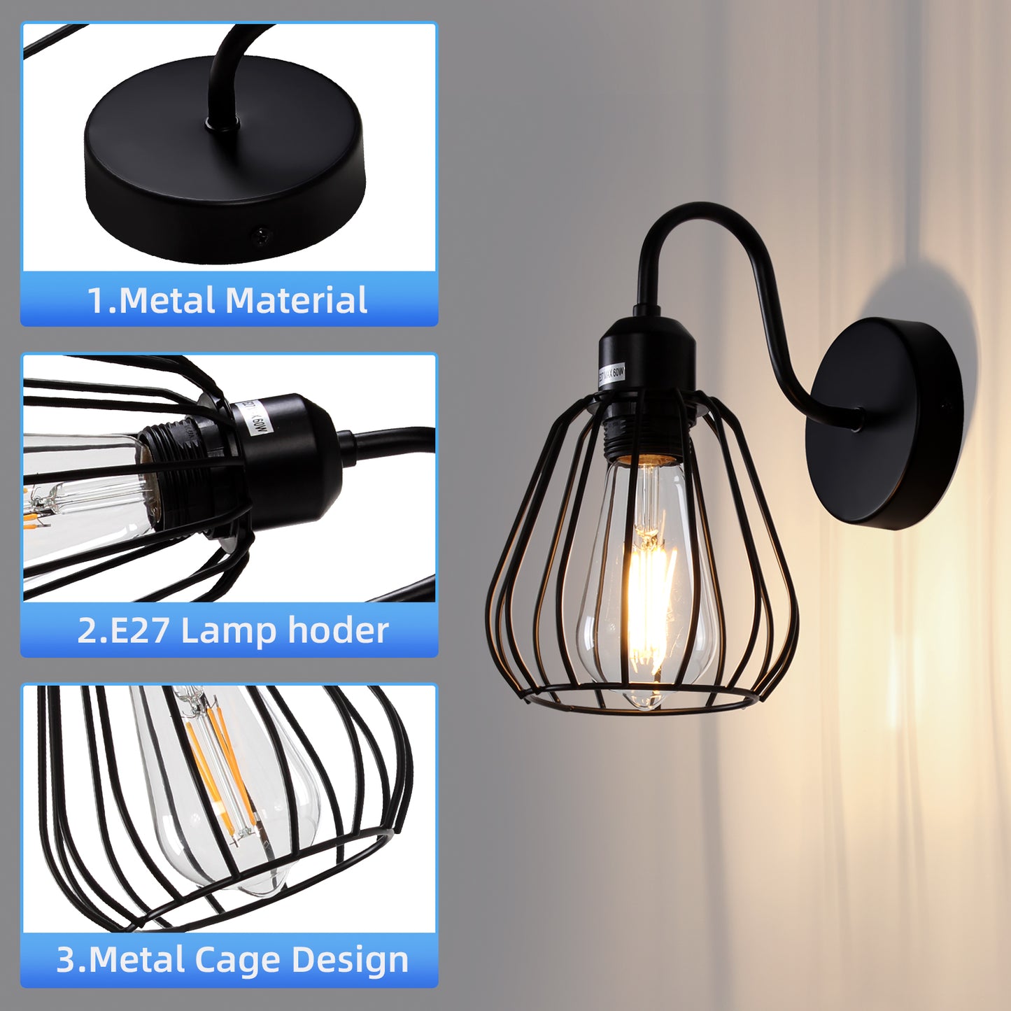 Edison Lamp Holder Black Cage Wall Lights  (Bulb Not Included)