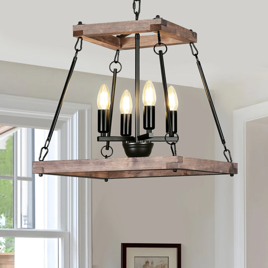 MantoLite Wooden Lantern Pendant Light Kitchen Island Chandelier for Dining Room Wood Rustic Farmhouse Living Room Ceiling Lamp