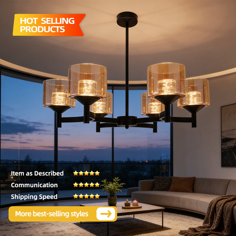 Black Farmhouse Multi-head LED Chandelier Clear Glass Shade Iron Pendant Light for Kitchen Island Dining Living Room Bedroom