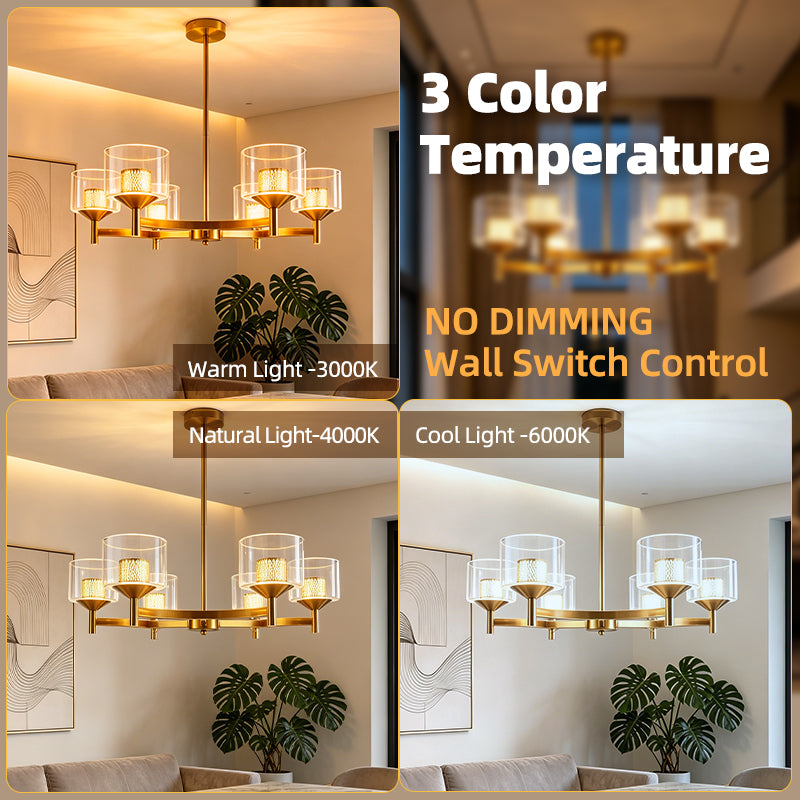 Gold Farmhouse Multi-head LED Chandelier Clear Glass Shade Iron Pendant Light for Kitchen Island Dining Living Room Bedroom