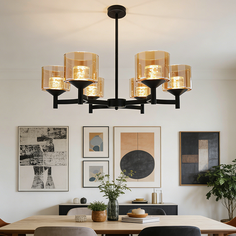 Black Farmhouse Multi-head LED Chandelier Clear Glass Shade Iron Pendant Light for Kitchen Island Dining Living Room Bedroom