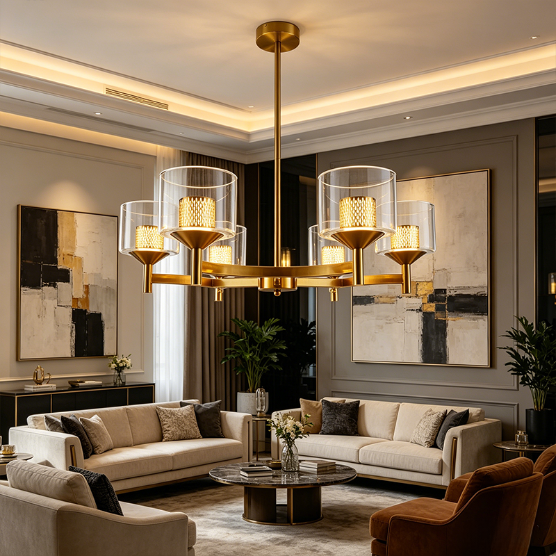 Gold Farmhouse Multi-head LED Chandelier Clear Glass Shade Iron Pendant Light for Kitchen Island Dining Living Room Bedroom