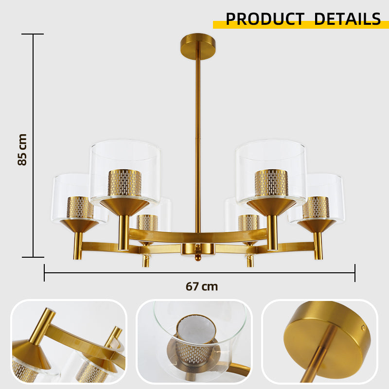 Gold Farmhouse Multi-head LED Chandelier Clear Glass Shade Iron Pendant Light for Kitchen Island Dining Living Room Bedroom