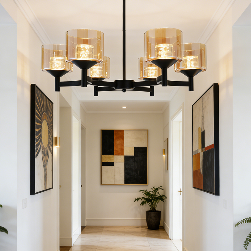Black Farmhouse Multi-head LED Chandelier Clear Glass Shade Iron Pendant Light for Kitchen Island Dining Living Room Bedroom