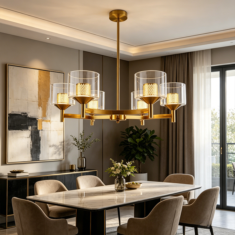 Gold Farmhouse Multi-head LED Chandelier Clear Glass Shade Iron Pendant Light for Kitchen Island Dining Living Room Bedroom
