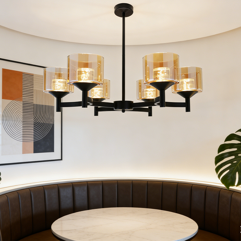 Black Farmhouse Multi-head LED Chandelier Clear Glass Shade Iron Pendant Light for Kitchen Island Dining Living Room Bedroom