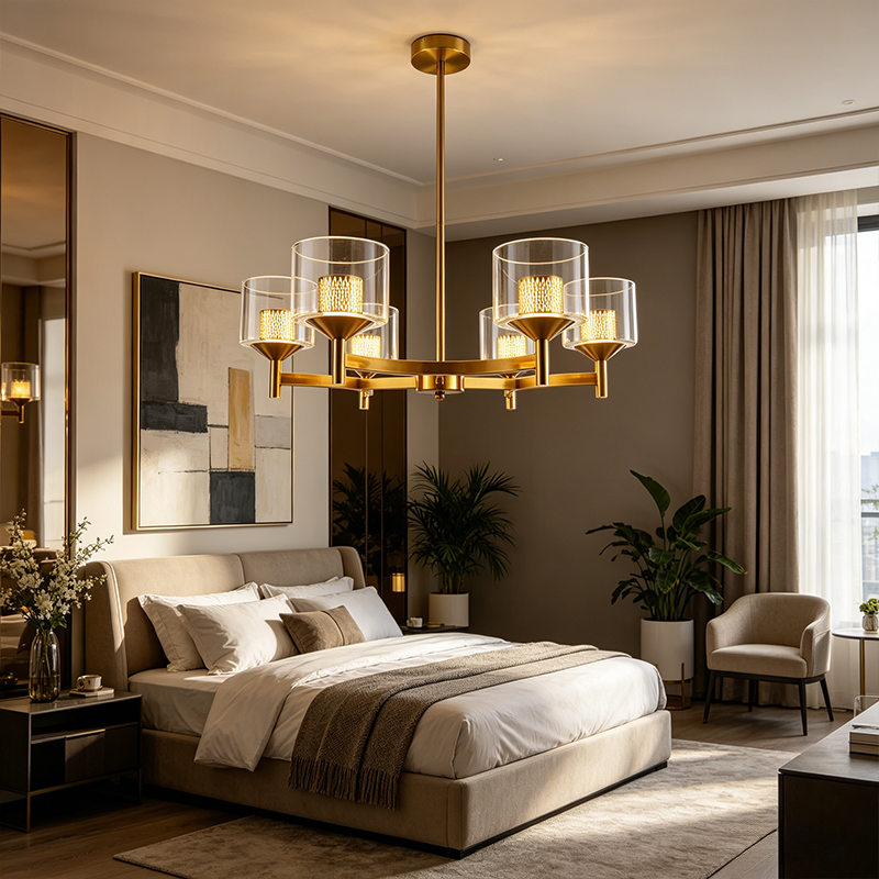 Gold Farmhouse Multi-head LED Chandelier Clear Glass Shade Iron Pendant Light for Kitchen Island Dining Living Room Bedroom