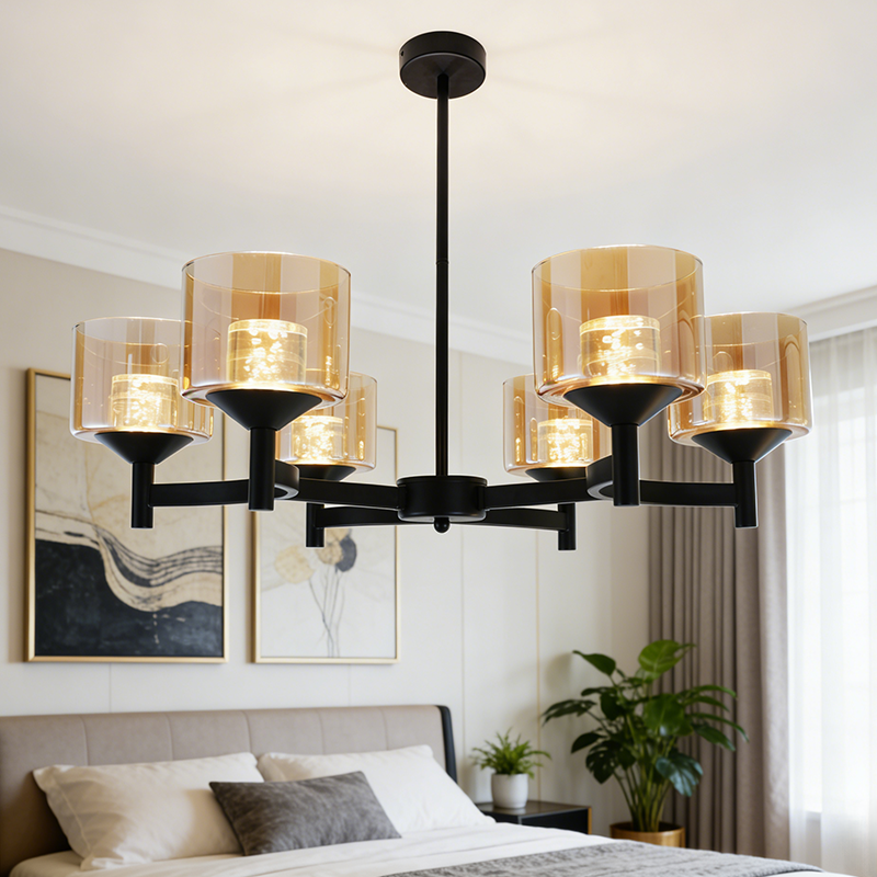Black Farmhouse Multi-head LED Chandelier Clear Glass Shade Iron Pendant Light for Kitchen Island Dining Living Room Bedroom
