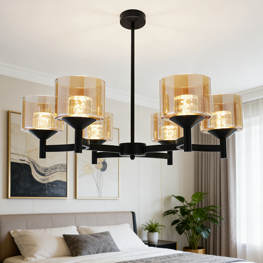 Black Farmhouse Multi-head LED Chandelier Clear Glass Shade Iron Pendant Light for Kitchen Island Dining Living Room Bedroom