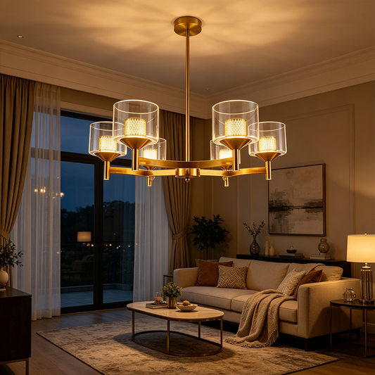 Gold Farmhouse Multi-head LED Chandelier Clear Glass Shade Iron Pendant Light for Kitchen Island Dining Living Room Bedroom