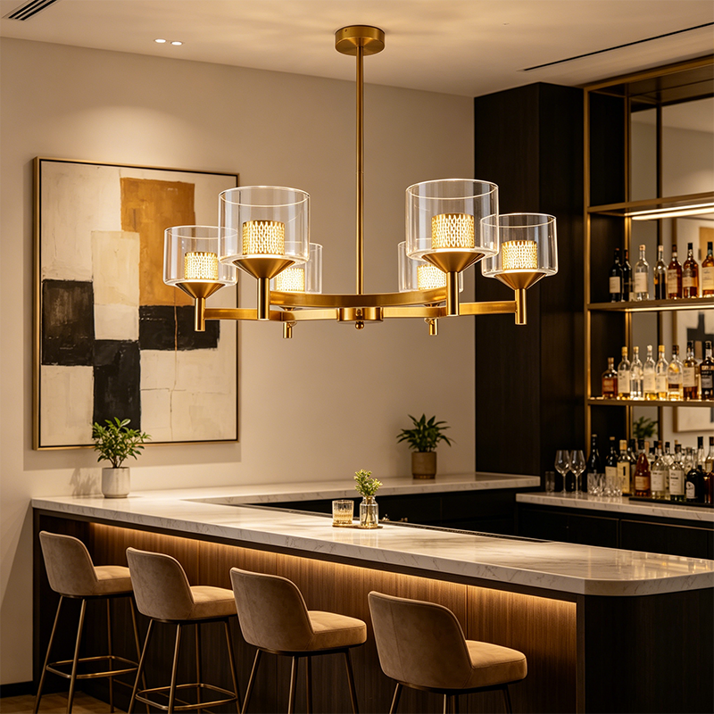 Gold Farmhouse Multi-head LED Chandelier Clear Glass Shade Iron Pendant Light for Kitchen Island Dining Living Room Bedroom