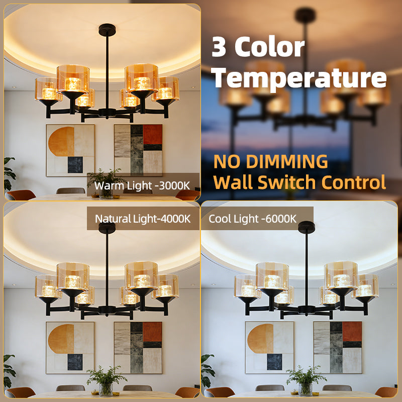 Black Farmhouse Multi-head LED Chandelier Clear Glass Shade Iron Pendant Light for Kitchen Island Dining Living Room Bedroom