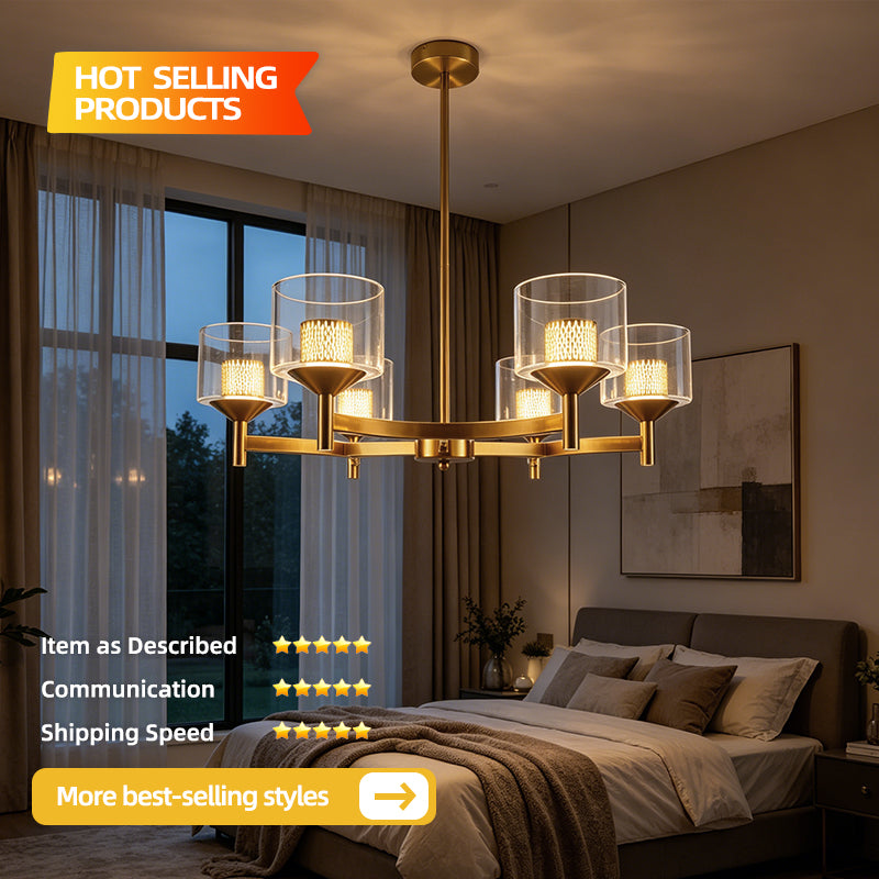 Gold Farmhouse Multi-head LED Chandelier Clear Glass Shade Iron Pendant Light for Kitchen Island Dining Living Room Bedroom