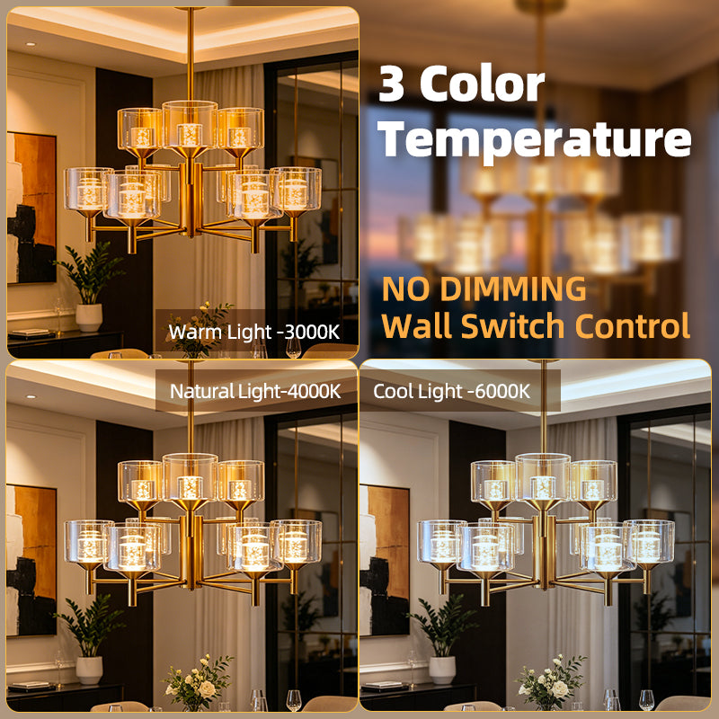 Gold Farmhouse Multi-head LED Chandelier Clear Glass Shade Iron Pendant Light for Kitchen Island Dining Living Room Bedroom