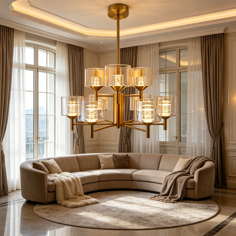Gold Farmhouse Multi-head LED Chandelier Clear Glass Shade Iron Pendant Light for Kitchen Island Dining Living Room Bedroom