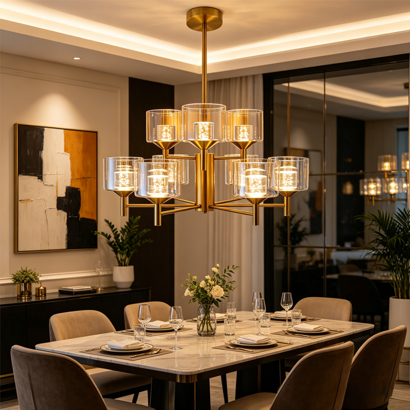 Gold Farmhouse Multi-head LED Chandelier Clear Glass Shade Iron Pendant Light for Kitchen Island Dining Living Room Bedroom