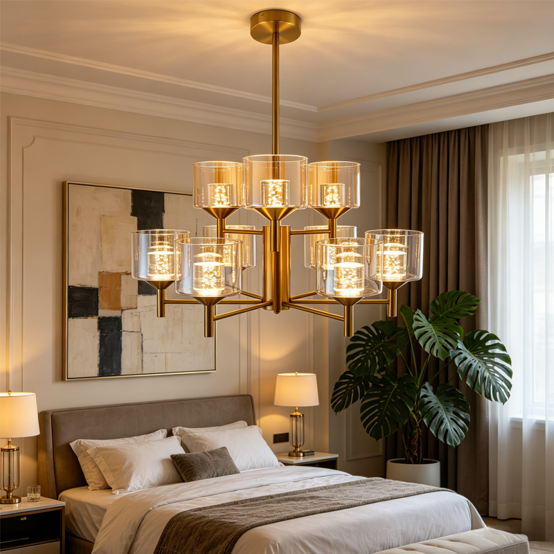 Gold Farmhouse Multi-head LED Chandelier Clear Glass Shade Iron Pendant Light for Kitchen Island Dining Living Room Bedroom