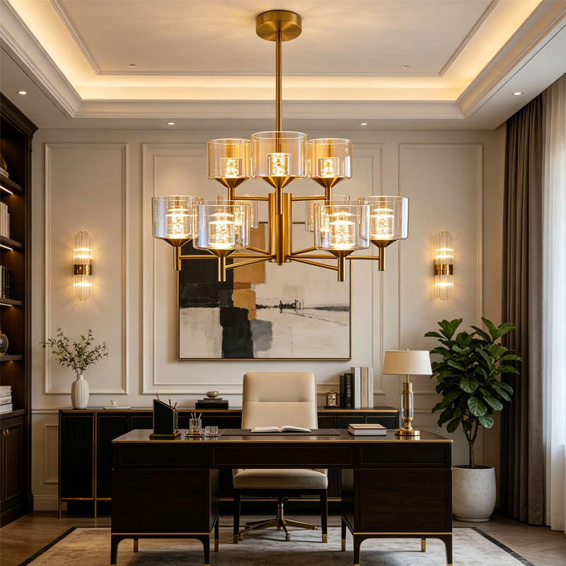 Gold Farmhouse Multi-head LED Chandelier Clear Glass Shade Iron Pendant Light for Kitchen Island Dining Living Room Bedroom