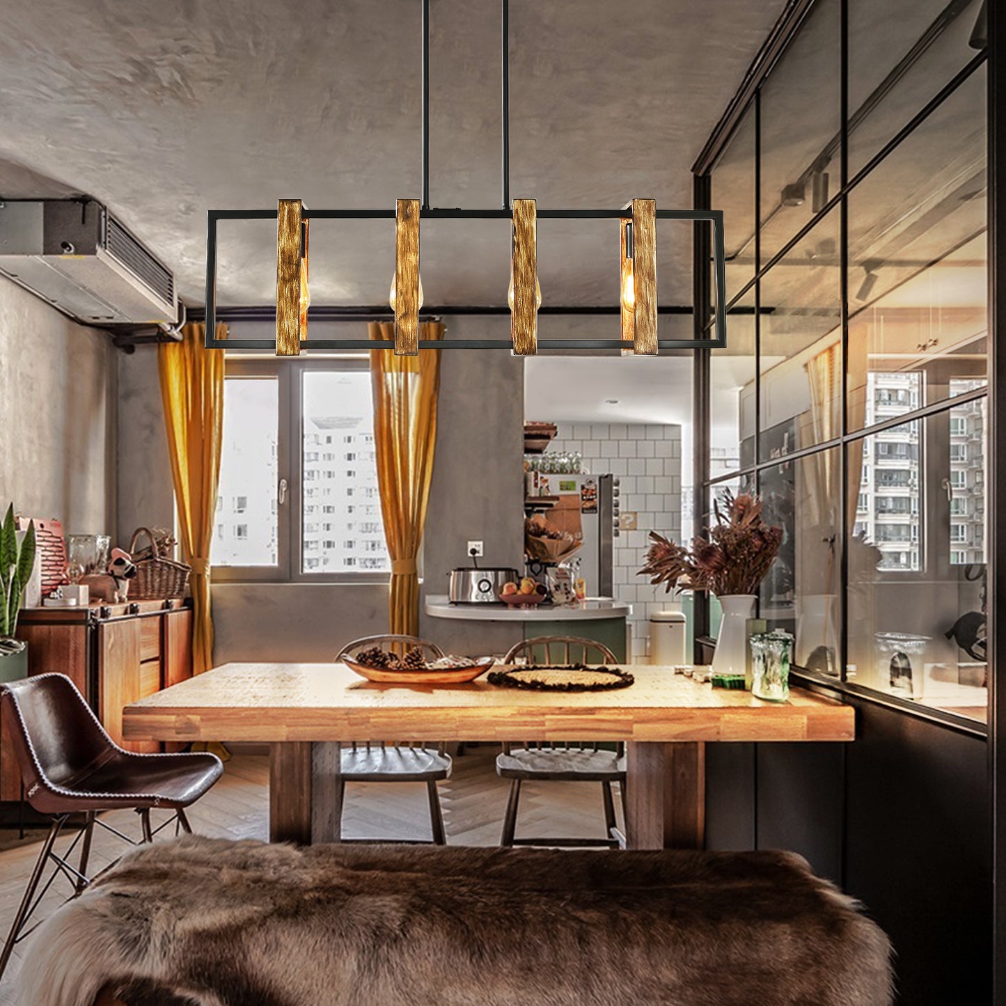 Modern Kitchen Island Lighting,4 Lights Wood Chandelier