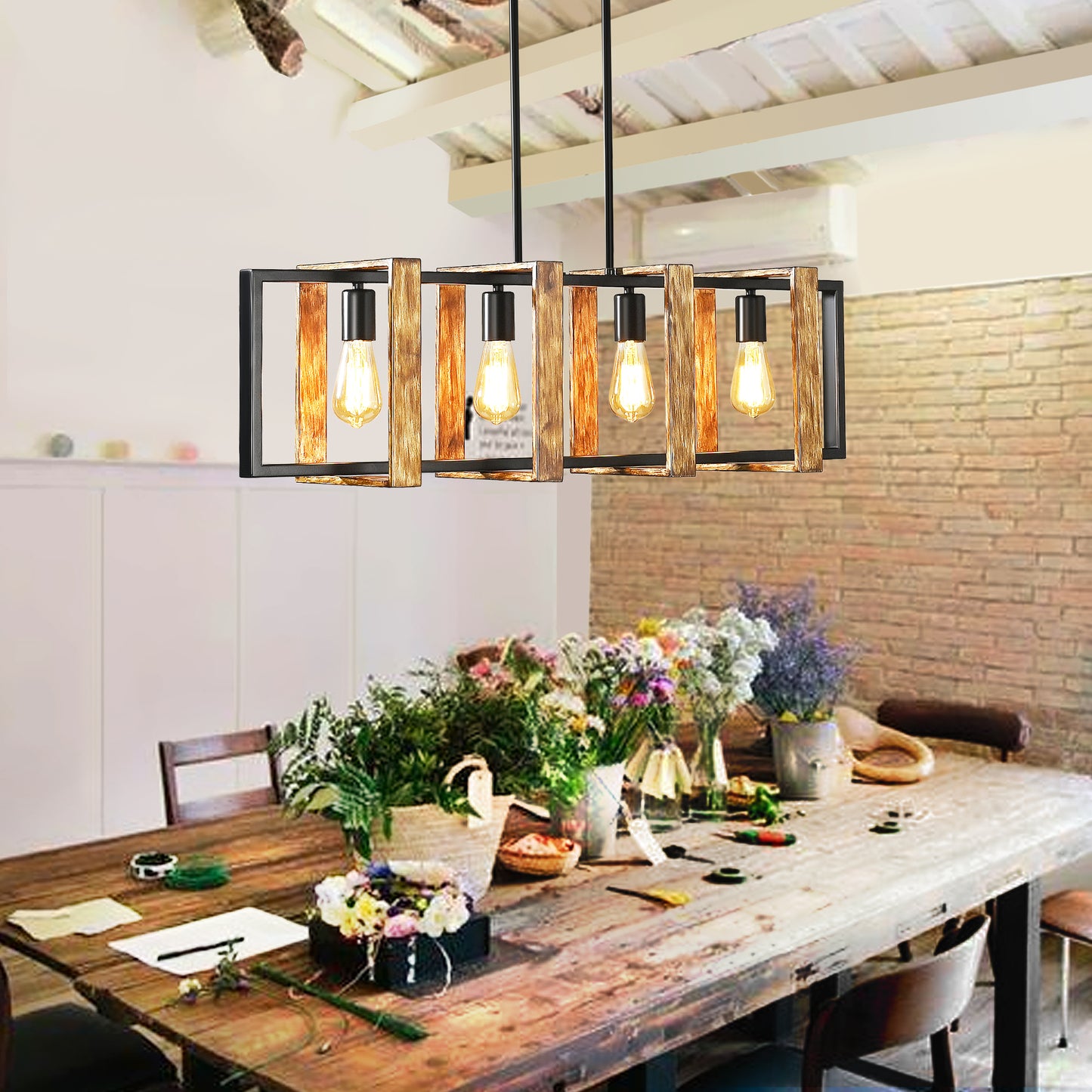 Modern Kitchen Island Lighting,4 Lights Wood Chandelier